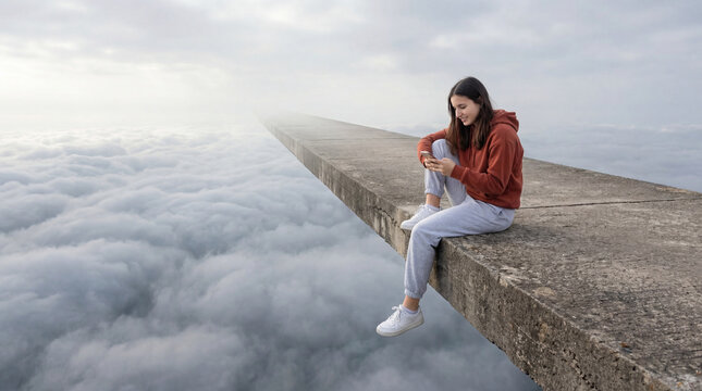 Teenage girl using smartphone while sitting above the clouds on a concrete edge