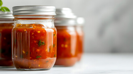 Three glass jars filled with homemade tomato sauce sit on a white marble surface. The focus is on the front jar, highlighting the rich color and texture of the sauce with basil, sealed by a silver 