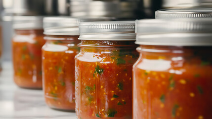 A vibrant row of glass jars, each filled with a rich, red tomato-based sauce flecked with green herbs. Silver lids seal the jars, hinting at homemade goodness preserved for later.