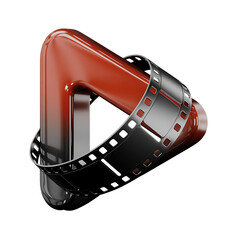 3D rendered play button icon wrapped in film strip on black background video movie
