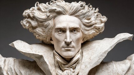 A statue of a man with long hair and a beard. The man is wearing a white coat and a black hat. The statue is of a historical figure, possibly a famous leader or artist