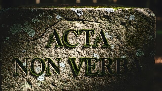 A cinematic close-up highlights the ancient latin phrase "acta non verba" engraved on a weathered, moss-covered stone slab in a dark, earthy outdoor environment.