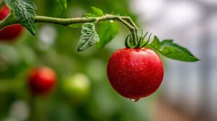 Obraz premium A red tomato hanging from a plant. The tomato is surrounded by other tomatoes, and the leaves are green
