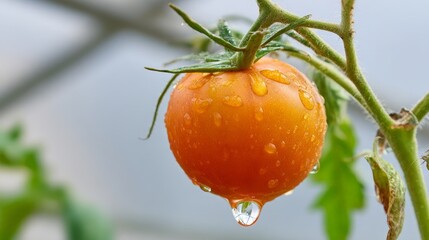 A tomato hanging from a plant with water droplets on it. The droplets are small and scattered, giving the tomato a fresh and dewy appearance