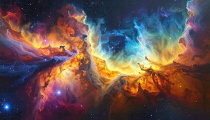 Vibrant Cosmic Nebula With Swirling Clouds Of Orange Blue And Purple Dust And Gas Illuminated By Distant Stars In Deep Space