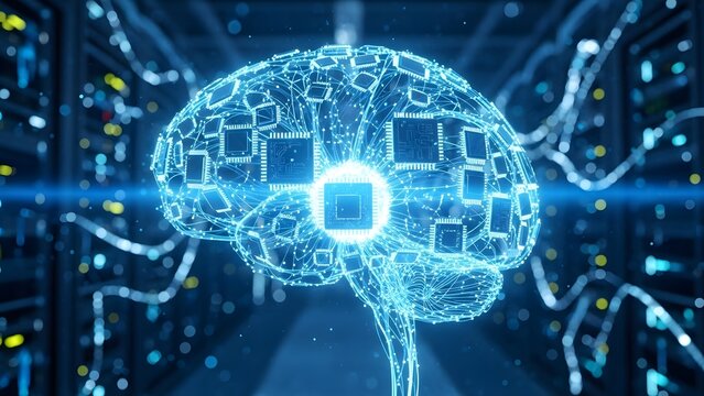 This intense blue, futuristic 3d rendering shows a digital brain processing complex data with a central glowing chip, set within a dark server room infrastructure. - Powered by Adobe