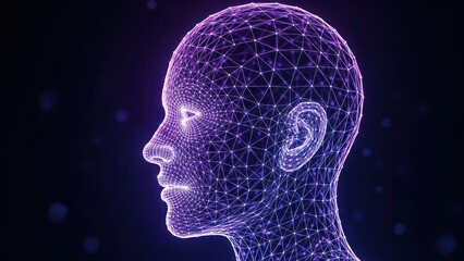 Digital, geometric human head silhouette glows with purple light on dark background