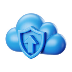 Blue 3D Cloud Icon with a Shield and Upward Arrow Symbol data storage
