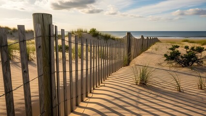 Wooden Fence along Sandy Beach Dunes with Long Shadows and Ocean View
