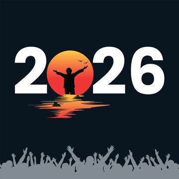 Happy new year 2026 with man and sunset silhouette in black background