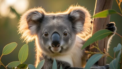 A serene close-up portrait of a koala bear clinging to a eucalyptus tree, beautifully backlit by warm golden light in its natural australian habitat.