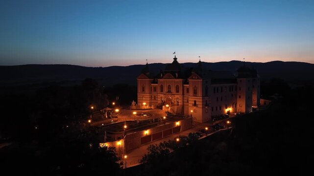 Aerial night view of Halic Castle in the village of Halic in Slovakia