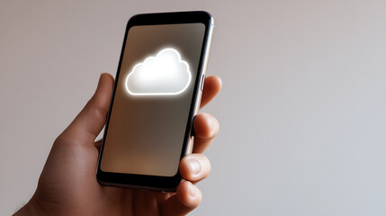 Secure your digital world! A hand holds a phone displaying a glowing cloud icon, symbolizing data storage. Keep your data safe and accessible with cloud technology.