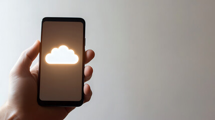 A hand holds a mobile phone displaying a bright cloud symbol, suggesting cloud computing or data storage. The cloud is centered against a plain, light backdrop, simple.