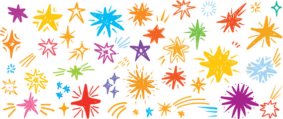 Colorful scribble stars set with pencil line texture