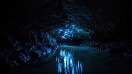 Ethereal blue bioluminescence illuminates a dark cave's underground stream