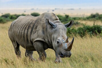 Fototapeta premium Adult grey rhinoceros with blue mark on its horn in the African savanna wild.