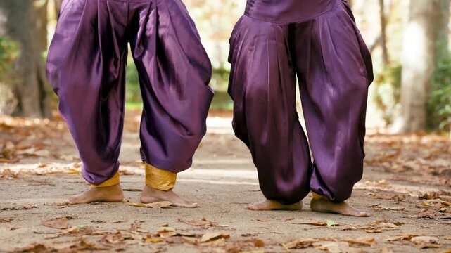Lower body shot of two women wearing purple silk salwar pants performing a traditional indian dance barefoot on a path in a beautiful autumn park