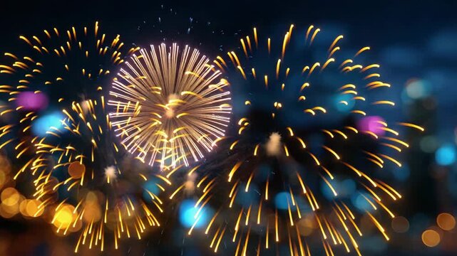 Vibrant fireworks exploding in night sky over cityscape