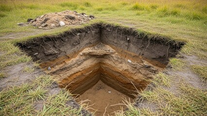 Excavated square pit reveals stratified soil layers in grassy field