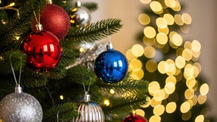 Festive baubles and lights adorn a Christmas tree, creating a magical ambiance