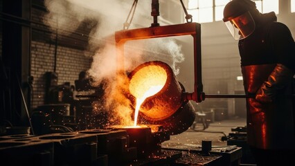 Fiery metal pours from ladle into mold at industrial foundry