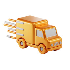 Golden 3D Delivery Truck Icon with Motion Streaks on Black Background transport