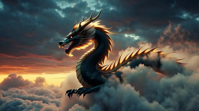 Majestic Fiery Dragon Soaring Through Sunset Clouds Above a Dreamy Horizon