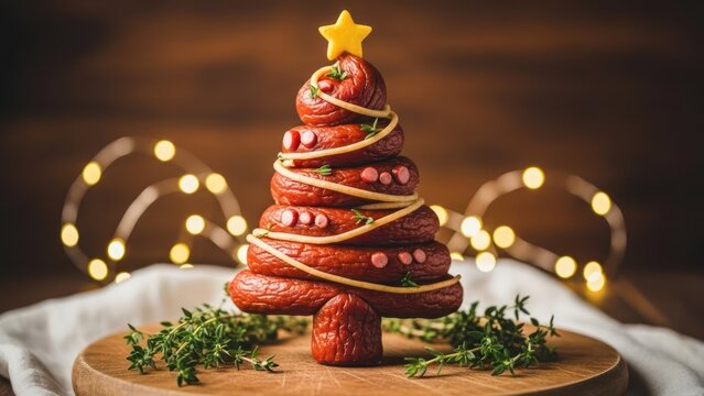 Festive sausage tree with herb garnish and twinkling lights