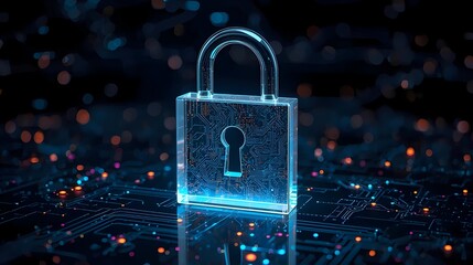 A glowing, transparent digital padlock sits on a dark circuit board with neon blue light trails and amber bokeh highlights, symbolizing cybersecurity and data protection.