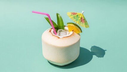 Fresh coconut drink with lime, ice, umbrella, and straw on blue
