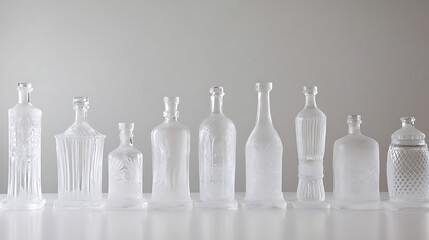 Elegant glass bottles lined up, showcasing intricate frosted designs. The minimalist aesthetic emphasizes texture and form, creating a sophisticated display.