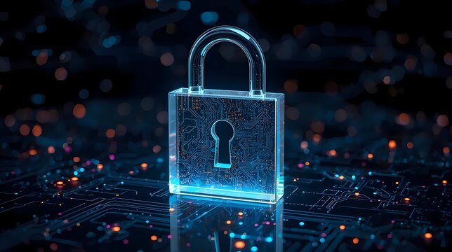 A glowing, transparent digital padlock sits on a dark circuit board with neon blue light trails and amber bokeh highlights, symbolizing cybersecurity and data protection. - Powered by Adobe