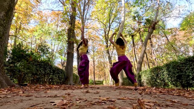 Two graceful indian women in traditional purple and yellow outfits performing a synchronized bollywood dance on a path covered in autumn leaves