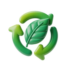 Green 3D recycling symbol with a leaf in the center nature