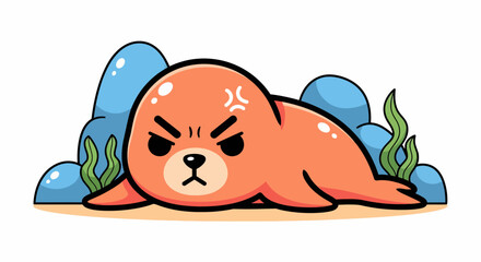 Cute Angry Orange Seal Lying Down Illustration.