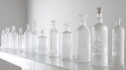 Elegant array of glass bottles, clear and pristine, showcasing intricate designs and shapes, ideal for minimalist decor or artistic displays on shelves.
