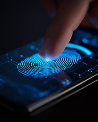 A person is touching a phone screen with a blue fingerprint