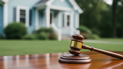 Gavel rests on polished wood table before suburban house