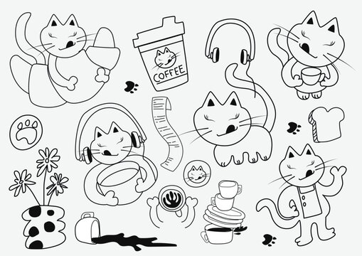 Set of coffee theme vector doddle illustrations