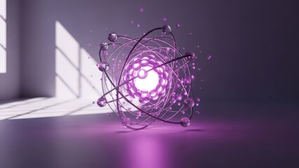 Glowing atomic model with orbiting electrons, casting light and shadow