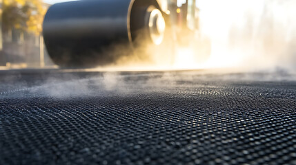 A powerful steamroller compacting new asphalt on a bright day, leaving a smooth, durable surface behind, ensuring safe and efficient transportation infrastructure.