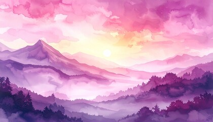 Watercolor mountain landscape at sunrise with pink and purple hues and soft mist covering the valleys