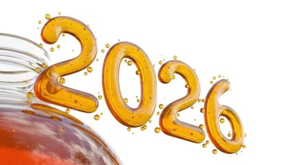 Golden bubbly year 2026 appears from a jar of amber liquid