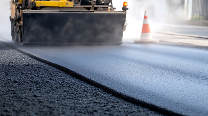 Roadworks in progress.  The machine lays asphalt, paving the way. An orange and white traffic cone signals drivers to proceed with caution during the road construction.