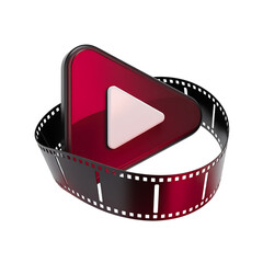 Red play button icon with film strip on black background video movie