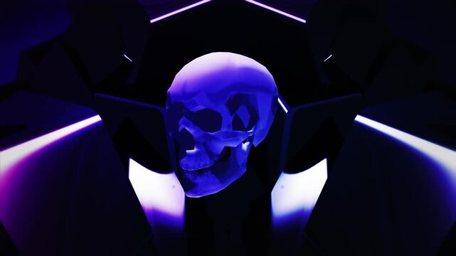 Low poly skull rotating with purple neon light, in front of metal mechanical structures. A dark, video background loop with glowing geometric lines