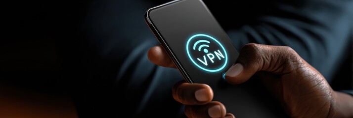 Smartphone Displaying VPN Icon in a Dark Environment With a Hand Holding the Device, Showcasing Digital Privacy