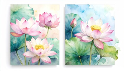Watercolor painting of pink lotus flowers with green lily pads and a soft blue sky background in natural light