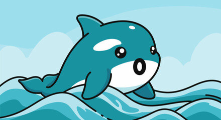 Obraz premium Cute cartoon killer whale swimming in blue ocean waves.